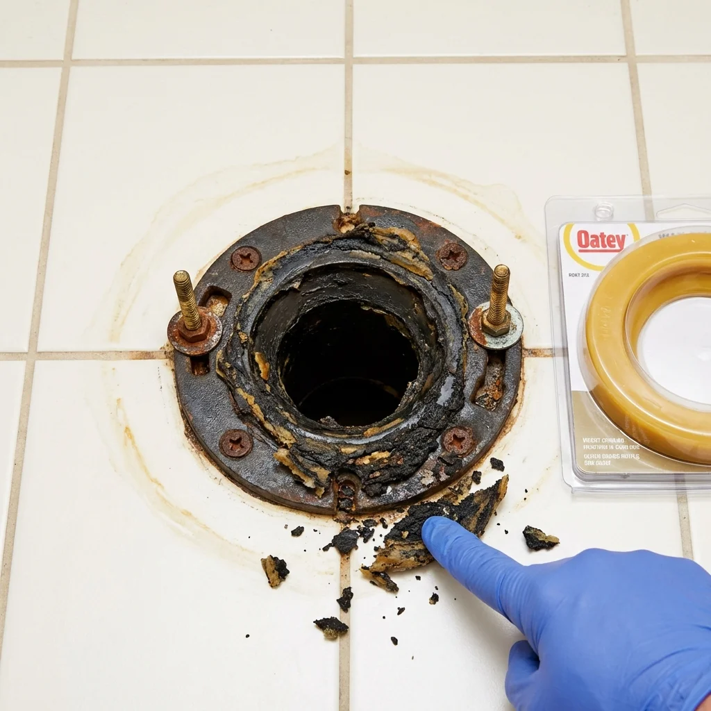 Failed wax ring showing water seepage at the base of a toilet in a Cherokee, OK home