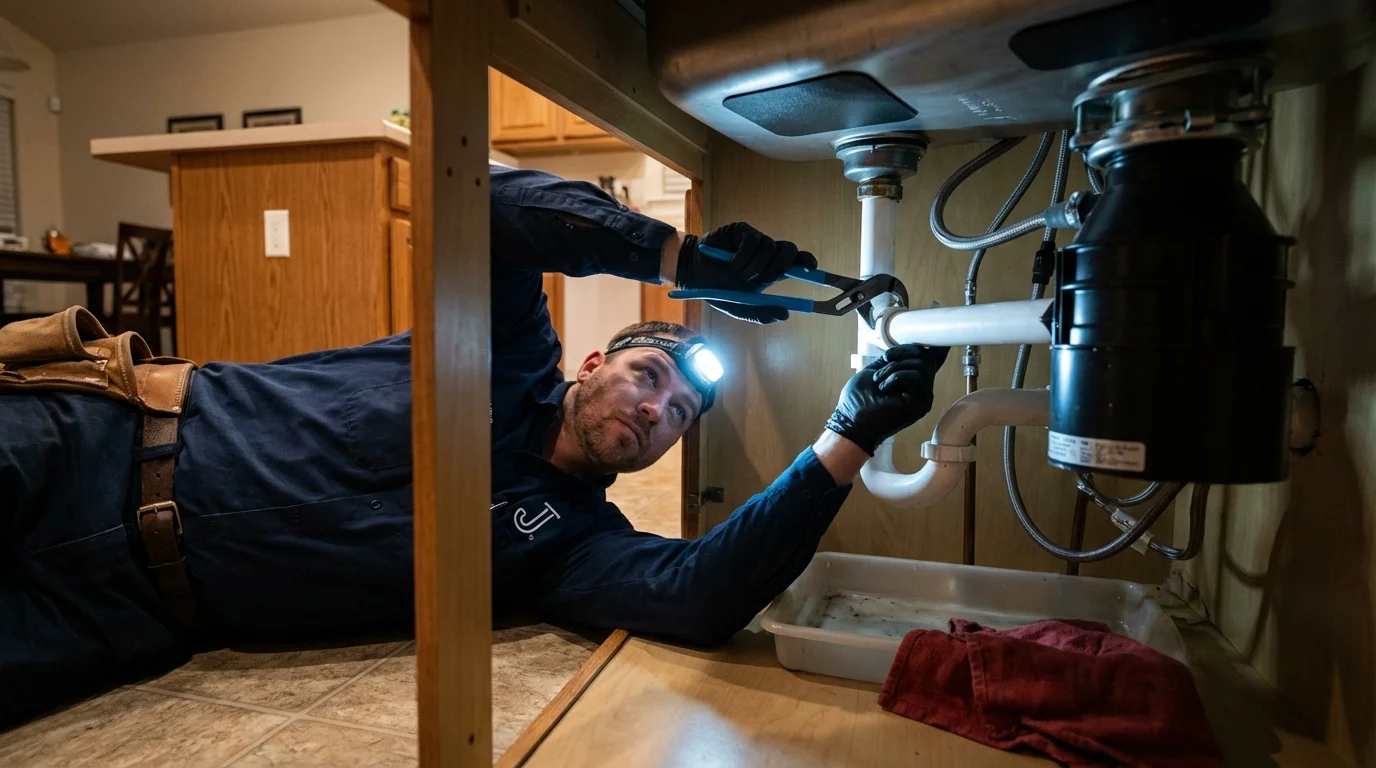 P-trap and supply line connections under a kitchen sink showing a common leak point in Cherokee, OK